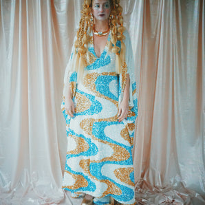 No.2 Snow queen Swirl Gold, Blue and silver long length Kaftan Gown