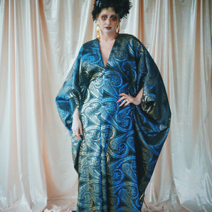 No.43 Misty Blue - gold and blue metallic brocade V- Neck kaftan Gown