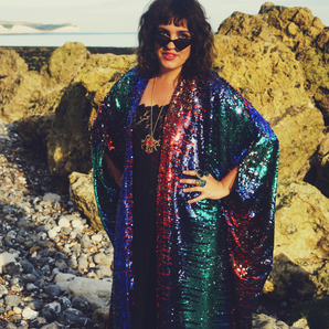 Siren Sequins - royal blue, Ruby Red, aqua green and pale gold - Kimono Robe