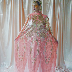 No.17 Art Deco Decadence. Pale Pink and Gold semi-sheer Kaftan Gown
