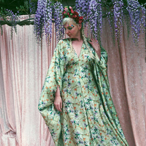 Green Floral / Leafy Print silky satin Kaftan Dress