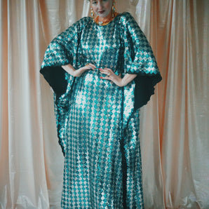 NO. 10 Jester Harlequin Teal and Silver Slinky sequin kaftan Gown
