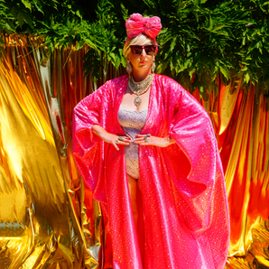Pink satin silver holographic spots Sequin Kaftan Gown / Kimono Robe