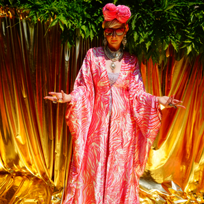 Red and Pink Viscose satin print Kaftan Gown / Kimono Robe