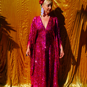 Cerise Holographic Sequin V-neck Kaftan Gown