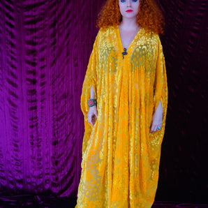 Devore flocked velvet yellow patterned bejewelled V-neck Kaftan Gown