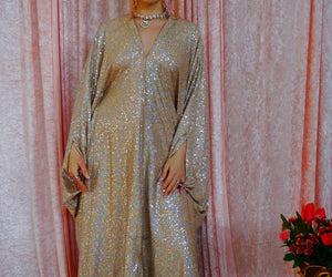 Champagne Shimmer Sequin V Neck Kaftan Gown, Freesize