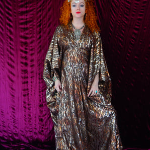 Brown and gold animal print suedette kaftan Gown