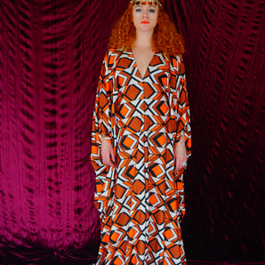 Orange cream and brown Geometric Print Kaftan Gown