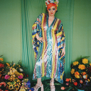 Crystalline Studio 54 Cher Bowie sequin kaftan gown