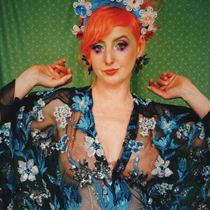 Bluebells cockleshells embroidered and sequinned floral kaftan gown