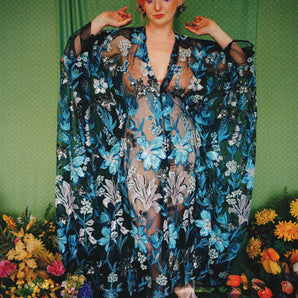 Bluebells cockleshells embroidered and sequinned floral kaftan gown