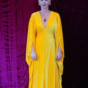 Mustard Yellow/gold fine Ribbed  V-neck Kaftan Gown