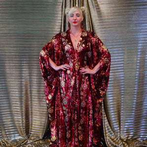 Maroon Red sequin and iridescent flowers Kaftan Gown