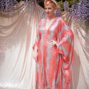 Coral and silver Patterned sequin mesh Kaftan
