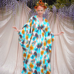 Abstract Patterned abstract kaftan in faux silk neon Aqua