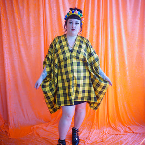 "Cher" Yellow and Black Tartan cotton Mini Kaftan Dress