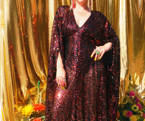Hot Ember Red Sequin V-Neck Kaftan Gown, Freesize