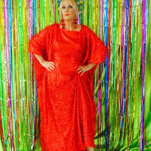 Sparkles Tinsel Hair Maxi Kaftan Party Dress Red