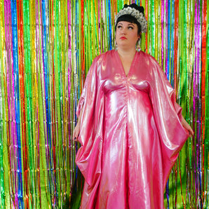 Slinky Satin Metallic Chrome Kaftan - Prom Queen Pink
