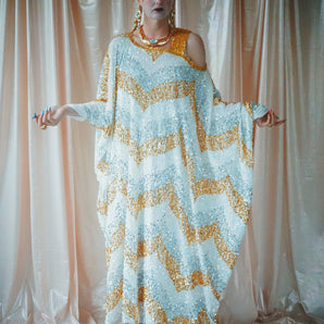 NO.6 Gold, Silver and iridescent sequin velvet off the shoulder Grecian inspired kaftan gown