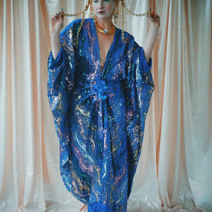 no.8 Firecracker - Blue velvet sequin adorned plunge batwing kaftan gown