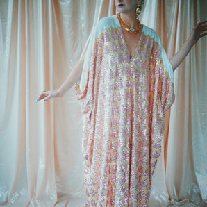NO.9 Teardrops - White velvet teardrop pink and gold sequin kaftan Gown