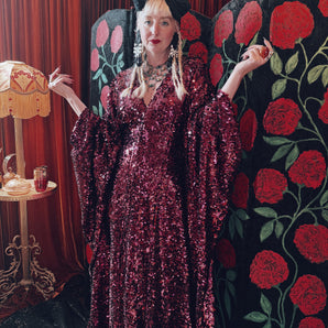 Crimson Wine Sequin V-Neck Kaftan Gown, Freesize