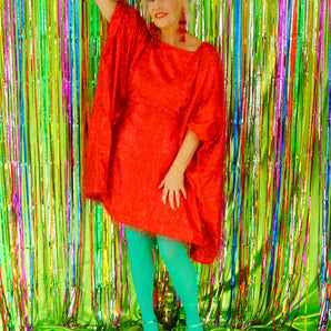 Sparkles Tinsel Hair Mini Kaftan Party Dress Red