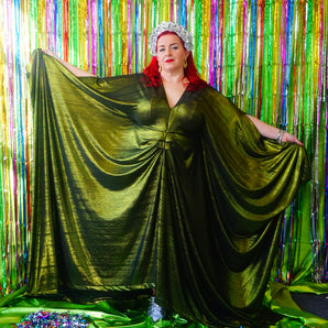 Metallic Green Gold Pleated Studio 54 Maxi Kaftan Dress