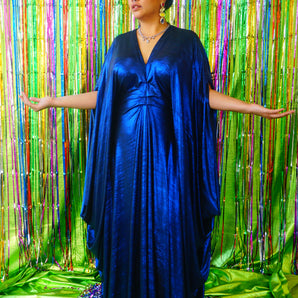 Metallic Blue Pleated Studio 54 Maxi Kaftan Dress