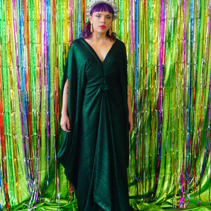 Metallic Green Pleated Studio 54 Maxi Kaftan Dress