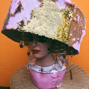 Giant pink and gold Sequin and Crystal Hat / Headpiece