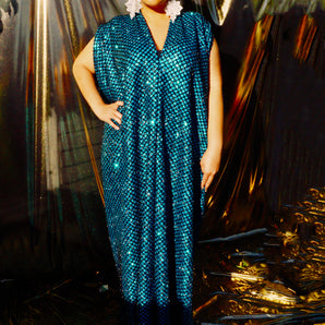 Glitter Blue and Black Lurex Maxi Kaftan Gown/Dress