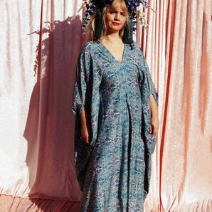 Art Nouveau Green and Blue Print Jersey Kaftan Dress