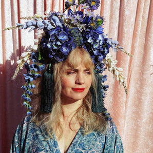 Large Blue and Green Floral Headdress with hydrangeas and Tassels