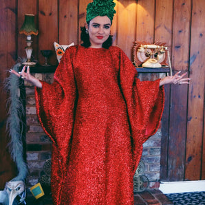 Metallic Tinsel Knit Kaftan Dress - RED