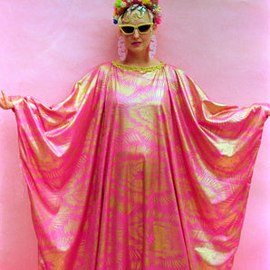 Cerise Pink and Gold metallic stretch Kaftan Dress