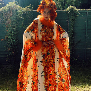 Oranges and Floral print Crepe Kaftan Dress with marabou trim