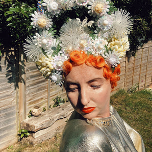 Iridescent white metallic glitter halo floral Headpiece