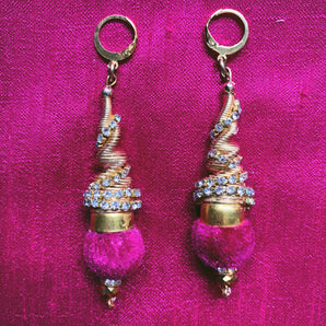 Diamanté rhinestone trim pom pom earrings - pink