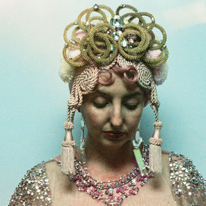 Bespoke art deco inspired pink and gold Tassel Turban