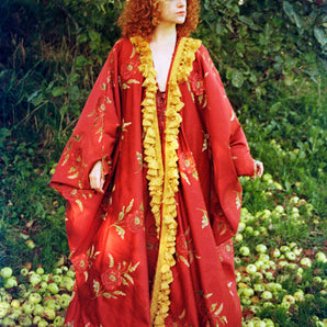 Embroidered Floral deep red Robe/Kimono with Mustard Tasselss