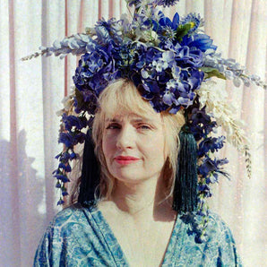 Large Blue and Green Floral Headdress with hydrangeas and Tassels
