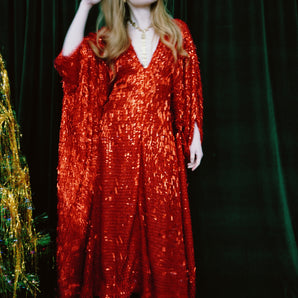 Flaming Red Crystal Shard Sequin V-Neck Kaftan Gown