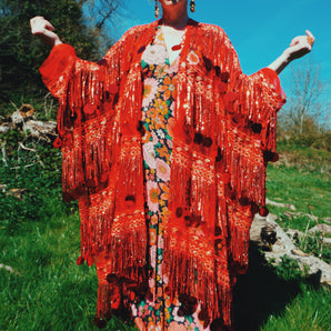 The Starlet Sequin Red MIDI length Open Kimono Robe