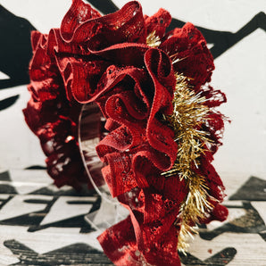 Crimson Lace Ruffle headband Extra Big ruffles with tinsel!