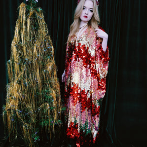 Red, Gold & Pink Festive Fever Sequin Kaftan Gown