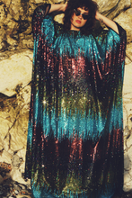 Load image into Gallery viewer, Siren Sequins - holographic yellow, glittered turquoise blue, black petrol holographic and bronzed red - - ROUND Neck

