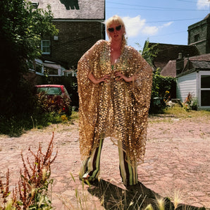 Gold sequin fishnet midi Open Kimono Robe